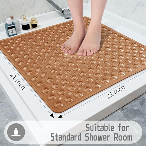 Yimobra Shower Mat 21X21 Inch Square, Non Slip Bathtub Mat with Large Suction Cups&Drain Holes, Fast Dry Shower Stall Mats for Inside Shower, Machine Washable BPA-Free, Bath Essentials,Clear Brown - color: Clear Brown, size: 21 x 21 inches