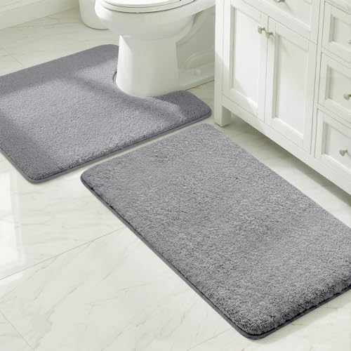 MINIDEAR Bathroom Rugs Sets 2 Piece - Thick Memory Foam Bath Mat, Ultra Soft, Plush Fluffy, Non-Slip, Quick Dry, Absorbent Washable Mat for Tub, Home Decor (32x20 & 24x20 Inch, Gray) - color: Grey, size: 1'8" x 2'8" (32x20+U24x20)