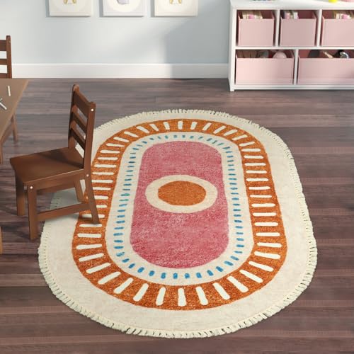 Lukinbox Boho Area Rugs for Living Room, 3x5 Oval Sun Machine Washable Bedroom Rug, Super Soft Non-Slip Orange Circular Rainbow Throw Rug for Entryway Kids Room Playroom Nursery Room Dinning Room - size: 2'11" x 4'11" (Oval)