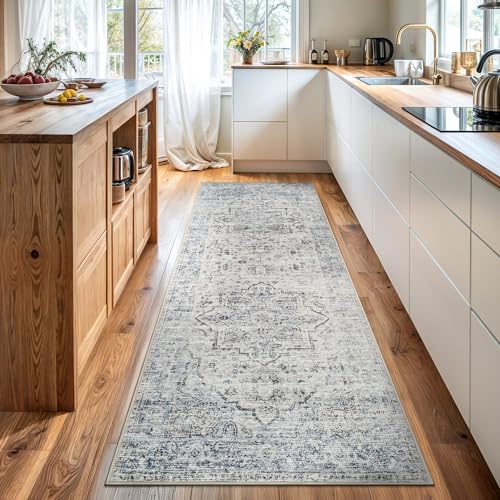 Bloom Rugs Caria Washable Non-Slip 7 ft Runner - Ivory/Blue/Gray Traditional Runner for Entryway, Hallway, Bathroom, and Kitchen - Exact Size: 2'6" x 7' - color: Ivory / Blue / Gray, size: 2'6" x 7' (Runner)