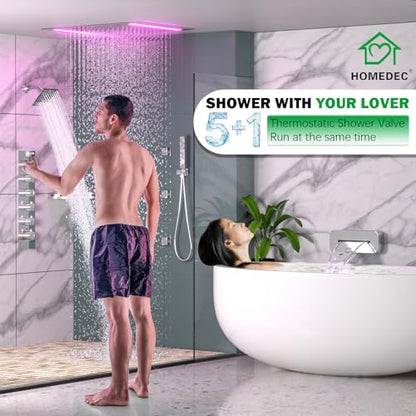 HOMEDEC 14x20" and 6" Shower Heads with Bathtub Spout, 5-Way Diverter Valve with Handheld and 6 Body Jets Rain Full Body Shower System Set, Chrome - color: Chrome, style: 5-Way + 1x 6" Top + Spout