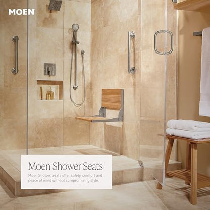 Moen DN7110 Home Care Fold-Down Shower Chair, Teak Wood Bench with Stainless Steel & Aluminum Frame, Wall-Mounted, ADA Compliant, Supports up to 400 lbs - color: Teak Wood