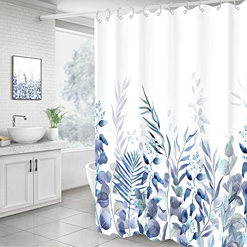 AWERT Shower Curtain Plants for Bathroom,Waterproof Quick-Drying Blue Leaves Shower Curtain Set with Hooks 60x72 Inch - color: Blue and Magenta, size: 60"W x 72"L (Pack of 1)