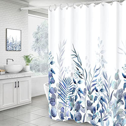 AWERT Shower Curtain Plants for Bathroom,Waterproof Quick-Drying Blue Leaves Shower Curtain Set with Hooks 60x72 Inch - color: Blue and Magenta, size: 60"W x 72"L (Pack of 1)
