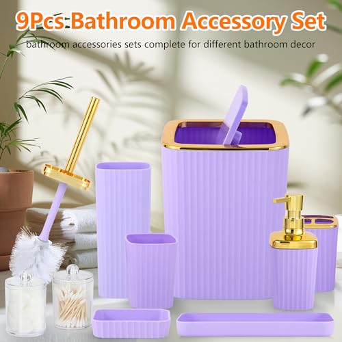 9 PCS Purple Bathroom Accessories Set with Trash Can Bathroom Accessory | All-in-One Kit with Trash Can,Toothbrush Holder,Soap Dispenser,Toothbrush Cup,Vanity Tray,Soap Dish,Toilet Brush etc for Home - color: Purple