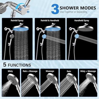 10" High Pressure Rain Shower Head with Handheld Spray Combo | Adjustable Integrated Extension Arm, Detachable Dual Shower Heads with 80" Long Stainless Steel Hose