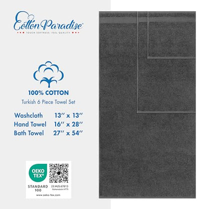 Cotton Paradise Towel Set of 6, 2 Bath Towels, 2 Hand Towels and 2 Washcloths Towels for Bathroom Sets, Smoke Gray - color: Dark Gray, size: (27"x54") +( 16"x28") + (13"x13")