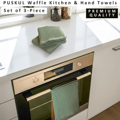 PÜSKÜL Natural 100% Turkish Cotton Waffle Hand and Kitchen Towels Set of 3 | Sage Green, Large 32x16 inc, Honeycomb-Waffle weave towel for bathroom & kitchen. Premium quality oeko-tex made in Turkey. - color: Sage Green, size: Kitchen & Hand Towels Pack o