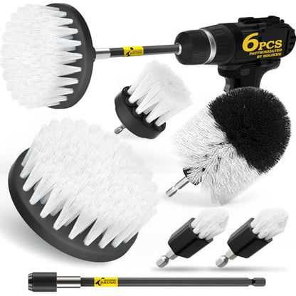Holikme 6Pack Drill Brush Power Scrubber Cleaning Brush Extended Long Attachment Set All Purpose Drill Scrub Brushes Kit for Grout, Floor, Tub, Shower, Tile, Bathroom and Kitchen Surface White | 5 head sizes, white nylon fibers, power scrubber attachments