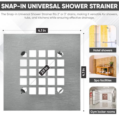 4-1/4” Square Snap-in Brushed Nickel Shower Drain - Stainless Steel Replacement - 4.25 inch Durable Floor Cover -Snap-in - Easy Installation Universal Grate Strainer - color: Brushed Stainless Steel