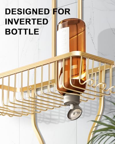 Shower Caddy Hanging - Never Rust Shower Hanging Organizer - Aluminum Over the ShowerHead Caddy with Soap Basket and 6 Razor/Sponge Hooks (Gold) - color: Gold
