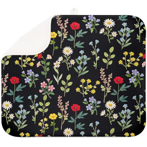 Wildflower Floral Dish Drying Mat for Counter, 16x18, Black Microfiber Pad | Absorbent quick-dry microfiber keeps counters tidy, non-slip backing adds stability, foldable mat stores after dish use - color: Wildflower, size: 16" x 18"