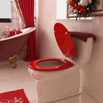 Round Toilet Seat Wood Toilet Seat Prevent Shifting with Zinc Alloy Hinges American Standard Size Toilet Seat Easy to Install also Easy to Clean (Round,Sparkling Christmas Red) - color: Christmas Red, size: Round