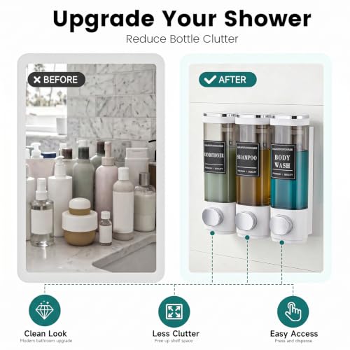Shower Soap Dispenser 3-Chamber Wall Mount Shampoo Dispenser, White | Latch design No Drill Shampoo and Conditioner Dispenser for Bathroom Hotel, Durable ABS Material Large Capacity - color: 3white