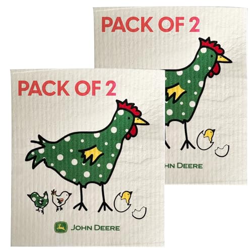 John Deere Chix Chickens - Swedish Dishcloth Reusable Towel Set for Kitchen | Biodegradable Absorbent Cleaning Washcloths for Dishes, Household Surfaces | Washable, & Quick Drying | 2-Pack - color: Chix Towle