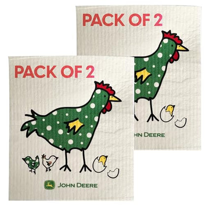 John Deere Chix Chickens - Swedish Dishcloth Reusable Towel Set for Kitchen | Biodegradable Absorbent Cleaning Washcloths for Dishes, Household Surfaces | Washable, & Quick Drying | 2-Pack - color: Chix Towle