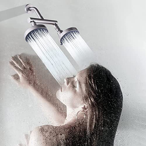 AZOS Double Shower Head with Shut-Off Valve, Bathathroom High Pressure Dual Fixed Rain Shower Head Combo with Brass Dual Outlet Manifold, Adjustable 5 Function Showerhead Brushed Nickel - color: Brushed Nickel