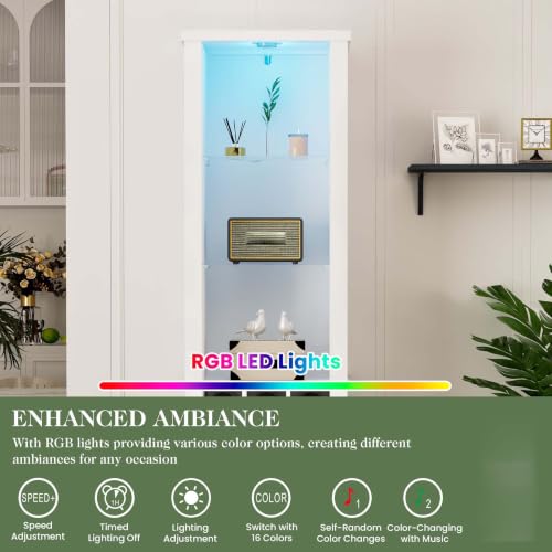 Tall Storage Cabinet with LED Lights and 3 Tier Adjustable Tempered Glass Shelves, Wine Bottle Storage and Reinforced Base, Freestanding Linen Tower w/ Extra Drawer for Kitchen, Living Room