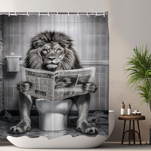 Funny Lion Shower Curtain, Funcy Humor Leo Animal on Toilet Shower Curtains Set, Black and White Shower Curtains, Large Cat Bathroom Curtain with Hooks 60x72 inch - color: White Black, size: 60"W x 72"L (Pack of 1)