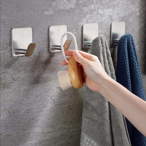 2"x 2" Adhesive Towel Hooks 4Pack Heavy Duty Wall Hooks 15lb Max | No Drilling Sticky Hanger for Bathroom Shower Kitchen RV Dorm Apartment, Waterproof Rustproof Stainless Steel Brushed Nickel - color: Sq- Brushed Nickel