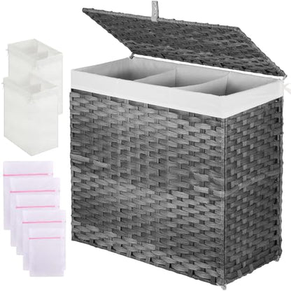 Greenstell Laundry Hamper with Lid, 125L Wicker Laundry Baskets with 2 Removable Liner Bags & 5 Mesh Laundry Bags, Handwoven Rattan Clothes Hamper with Handles for Clothes in Bathroom, Bedroom - color: Light Gray