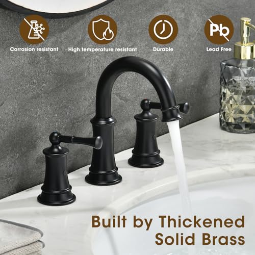 Black Bathroom Faucet, 8 Inch Bathroom Sink Faucet | with Pop-up Drain Assembly, Widespread Bathroom Faucet with cUPC Supply Lines for Vanity, Lavatory RV Farmhouse Sink - color: Black