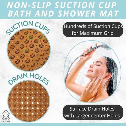 ENKOSI Non-Slip Bath & Shower Mat 40x16 Extra Long, Suction & Drain Holes | Clear Brown look; Durable PVC; 40x16 in, Clear Brown - color: Clear Brown