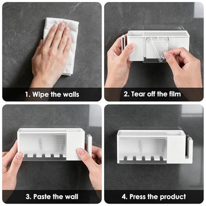 5 Slots Wall Mount Toothbrush Holder with Cover, Self Adhesive Toothbrush Storage Organizer for Shower, Toothbrush Cup Hanger with Automatic Toothpaste Squeezer Dispenser (White) - color: White Combination