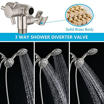 PDPBath Solid Brass 3 Way Shower Arm Diverter Valve with Handheld Holder for Dual Shower Heads with G1/2 Universal Connection - Brushed Nickel - color: Brushed Nickel-2