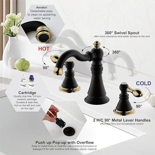 Matte Black with Brass 2-Handle 8 Inch Widespread Bathroom Faucet, 3 Holes | Derengge Traditional Widespread Sink Faucet, With Pop-Up Drain 360° Swivel Stainless Steel Spout, F-8805-MG - color: Matte Black with Polished Brass Trim