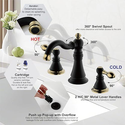 Matte Black with Brass 2-Handle 8 Inch Widespread Bathroom Faucet, 3 Holes | Derengge Traditional Widespread Sink Faucet, With Pop-Up Drain 360° Swivel Stainless Steel Spout, F-8805-MG - color: Matte Black with Polished Brass Trim