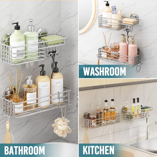 TAILI Shower Caddy Suction Cup 2 Pack with Hooks and Soap Holder, Silver | Heavy Duty Shower Organizer, No Drilling Bathroom Suction Shelves, Wall Shower Caddy - color: Silver, size: 2 x Medium
