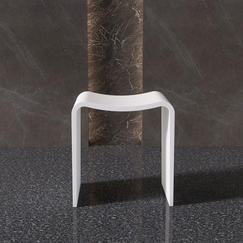 Matte White Shower Bench, Modern Solid Surface Bathroom Stool | Heavy-Duty Waterproof Chair Seat for Inside Showers and Outdoor Use, 400 lbs Capacity - Non-slip - color: White Curved