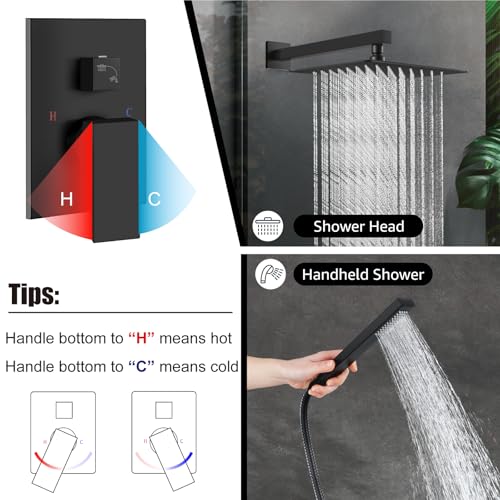 Midanya Shower Faucet Set with Handheld Sprayer,12 Inch,Matte Black | Rough-in Shower Valve and Trim Kit Included,Square Rain Head,Wall Mount Shower System,All Metal,Bathroom - color: Black, size: 12 Inch