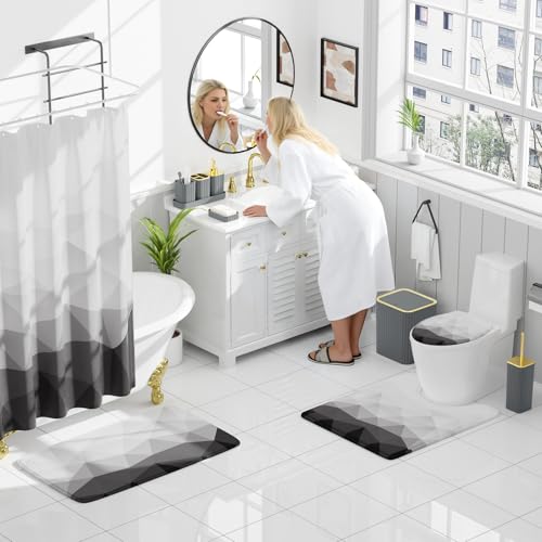 XLHOMO Bathroom Accessory Set - 26PC Bathroom Shower Curtain and Rug Set, Bathroom Accessories Set, Grey Bathroom Set with Trash Can, Toilet Brush, Qtip Holder & Soap Dispenser - style: Grey