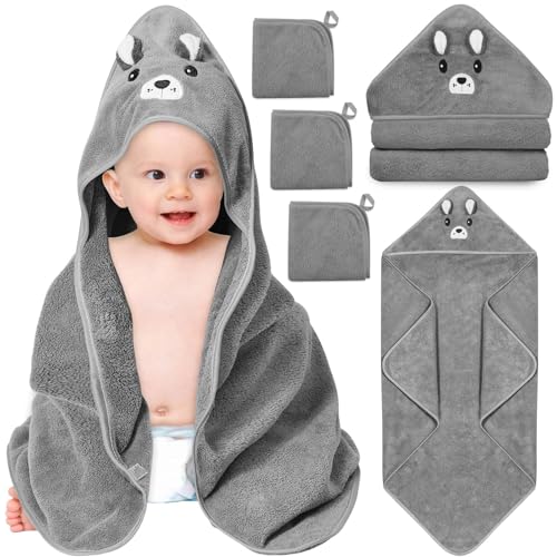 4PCS Hooded Baby Towels Set, 32x32in Baby Towels for Essentials (Gray Bear) | 1 Baby Towel & 3 Baby Washcloths Set, Cute Animal Hooded Towel, Ultra Absorbent & Soft, Cute Infant Essentials for Boy & Girl - color: Gray Bear-4pcs