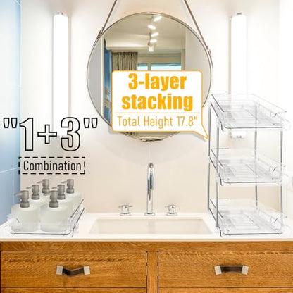 2 Pack Bathroom Storage Organizer with Dividers, 2-Tier Clear Vanity Counter Makeup Storage, Stackable Pull Out Under Sink Organizers for Bathroom Kitchen Pantry