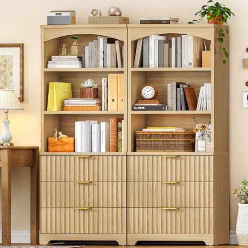 63.3" Tall Bookshelf, Bookshelves and Bookcases with Drawers, Arched Design Bookcase with Storage Cabinet, Natural Wood Grain Wave Pattern Storage Shelves for Living Room, Bedroom,Office - color: Brown