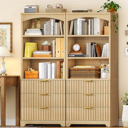 63.3" Tall Bookshelf, Bookshelves and Bookcases with Drawers, Arched Design Bookcase with Storage Cabinet, Natural Wood Grain Wave Pattern Storage Shelves for Living Room, Bedroom,Office - color: Brown