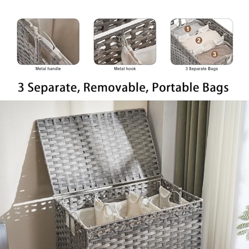 Laundry Hamper with Wheels&Lid, 50.2 Gallons(190L) Rolling Laundry Basket with Wheels, 3-Section Laundry Hamper, Handwoven Rattan Clothes Hamper with 6 Removable Liner& 3 Mesh Laundry Bags, Grey - color: Grey