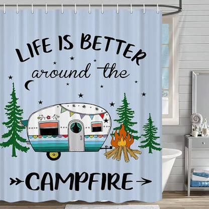 JAWO RV Happy Camper Shower Curtain for Travel Trailer, Farmhouse Style - 60" W x 70" H, Aqua - Hooks Included - color: Multi2, size: 60"W x 70"L (Pack of 1)