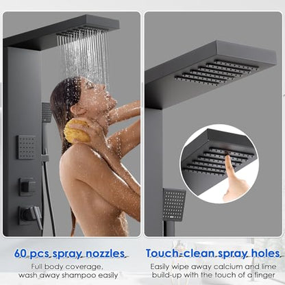 ROVOGO Shower Panel Tower System Matte Black, 4 Shower Modes, No Led Lights | High Pressure Shower Head, Body Jets, Handheld and Tub Spout, Shower Column Stainless Steel with Mixing Valve, 46.5"H x 7.8"W - style: Black- Without Led Lights