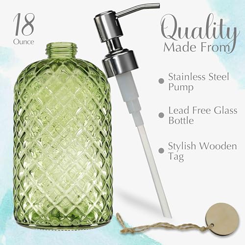 JASAI 18Oz Tea Green Soap Dispenser with Rust Proof Pump | Refillable Glass Soap Dispenser for Bathroom & Kitchen to Dispense Dish Soap, Hand soap, liquid Soap, Lotion. - color: Green