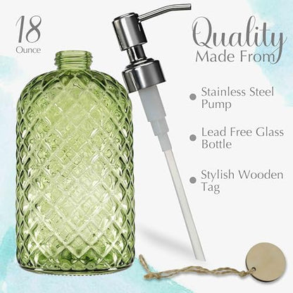 JASAI 18Oz Tea Green Soap Dispenser with Rust Proof Pump | Refillable Glass Soap Dispenser for Bathroom & Kitchen to Dispense Dish Soap, Hand soap, liquid Soap, Lotion. - color: Green