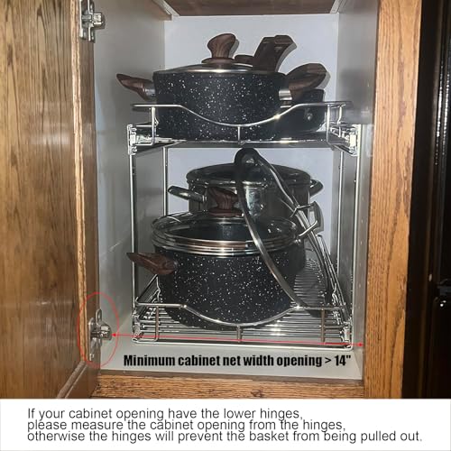 DINDON 2 Tier Pull Out Cabinet Organizer (14" W X 18" D), Double Tier Wire Basket Slide Out Shelf Storage for Kitchen Base Cabinet Organization for Kitchen, Pantry, Bathroom, Chrome - size: 14" W X 18" D