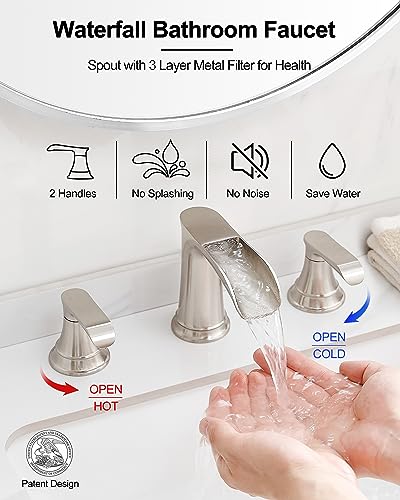 Widespread Bathroom Faucet Brushed Nickel, Brass Waterfall Bathroom Sink Faucet, 2 Handles Bathroom Faucets for Sink 3 Hole, 8 Inch Vanity Faucet for Lavatory RV Guest Room with Pop-Up Drain - color: Brushed Nickel