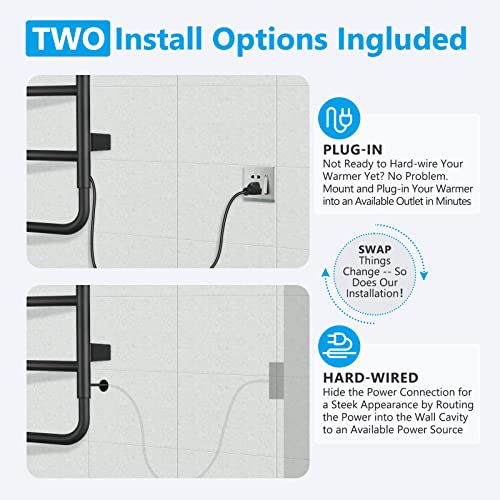 VJASS Heated Towel Rack for Bathroom, 4 Bar Stainless Steel Electric Towel Warmer with Built-in Timer, Dual Hardwired & Plug-in Wall Mounted Installation (Matte Black) - color: Matte Black