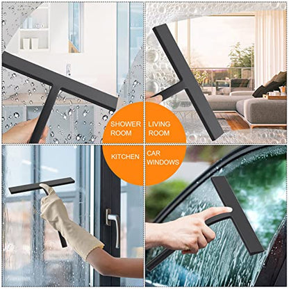 Silicone Shower Squeegee, Black, 9 inch | All-Purpose, For Shower Glass Door Window Mirror Tile Car Walls, 2 Hooks Included, Bathroom Accessories - size: 9 inch( 2hooks)