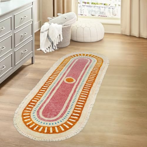 Lukinbox Boho Bathroom Runner Rugs with Fringes, 2x6 Oval Sun Washable Hallway Runner Rug, Extra Long Soft Non-Slip Rainbow Area Rug for Kitchen Laundry Room Entryway - size: 2' x 5'11" (Oval)