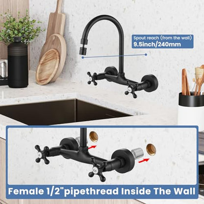 Airuida Matte Black Wall Mounted Kitchen Faucet,Utility Sink Faucet | 8 Inch Adjustable Center,360° Swivel Spout,Wall Mount Commercial Faucet,Double Cross Handle - color: Matte Black